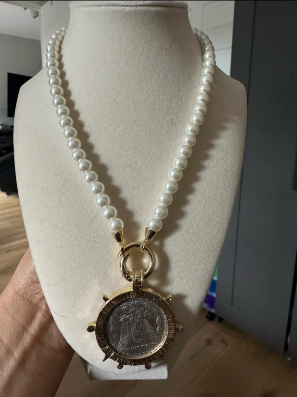 Classic Pearl Necklace with Gold Medallion